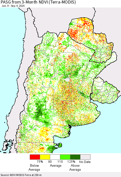 Southern South America PASG from 3-Month NDVI (Terra-MODIS) Thematic Map For 8/28/2024 - 9/4/2024
