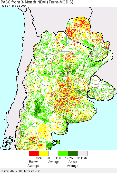 Southern South America PASG from 3-Month NDVI (Terra-MODIS) Thematic Map For 9/5/2024 - 9/12/2024