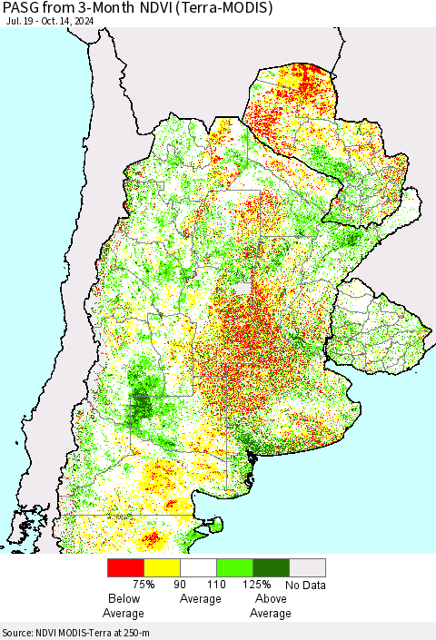 Southern South America PASG from 3-Month NDVI (Terra-MODIS) Thematic Map For 10/7/2024 - 10/14/2024
