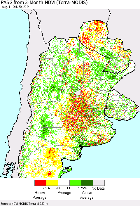 Southern South America PASG from 3-Month NDVI (Terra-MODIS) Thematic Map For 10/23/2024 - 10/30/2024