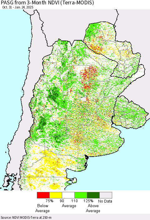 Southern South America PASG from 3-Month NDVI (Terra-MODIS) Thematic Map For 1/17/2025 - 1/24/2025
