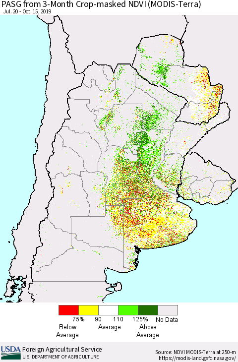 Southern South America PASG from 3-Month Cropland NDVI (Terra-MODIS) Thematic Map For 10/11/2019 - 10/20/2019