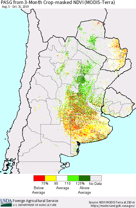 Southern South America PASG from 3-Month Cropland NDVI (Terra-MODIS) Thematic Map For 10/21/2019 - 10/31/2019