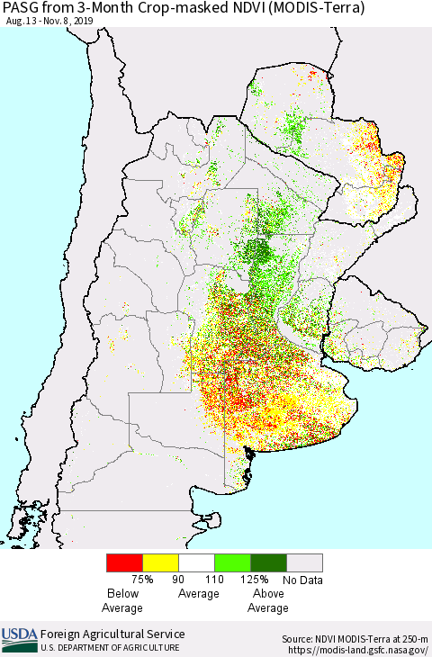 Southern South America PASG from 3-Month Cropland NDVI (Terra-MODIS) Thematic Map For 11/1/2019 - 11/10/2019