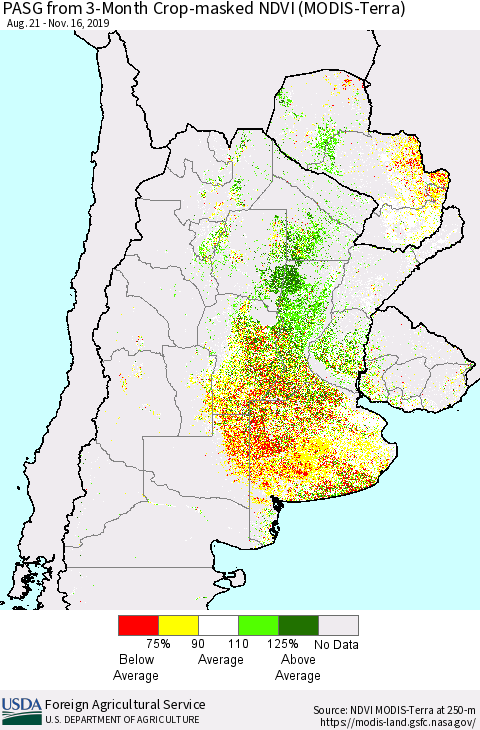 Southern South America PASG from 3-Month Cropland NDVI (Terra-MODIS) Thematic Map For 11/11/2019 - 11/20/2019