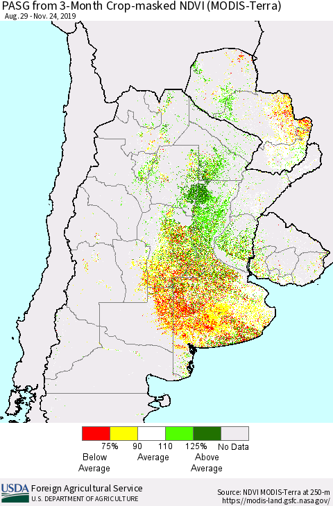 Southern South America PASG from 3-Month Cropland NDVI (Terra-MODIS) Thematic Map For 11/21/2019 - 11/30/2019