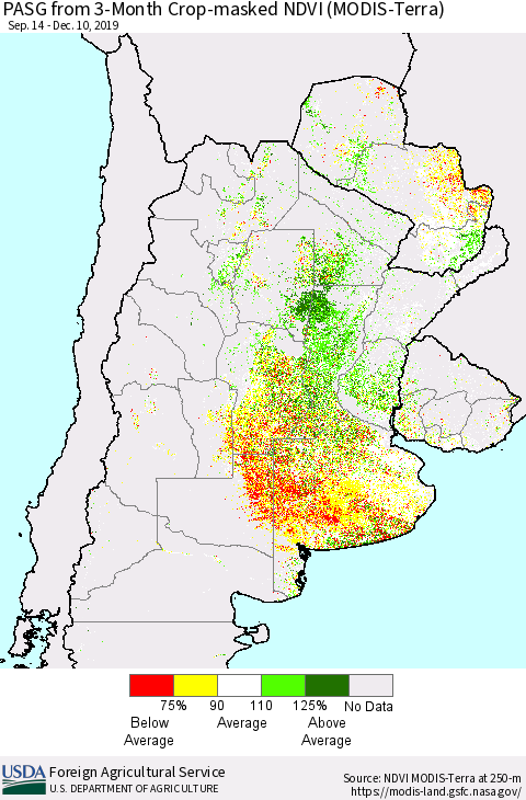 Southern South America PASG from 3-Month Cropland NDVI (Terra-MODIS) Thematic Map For 12/1/2019 - 12/10/2019