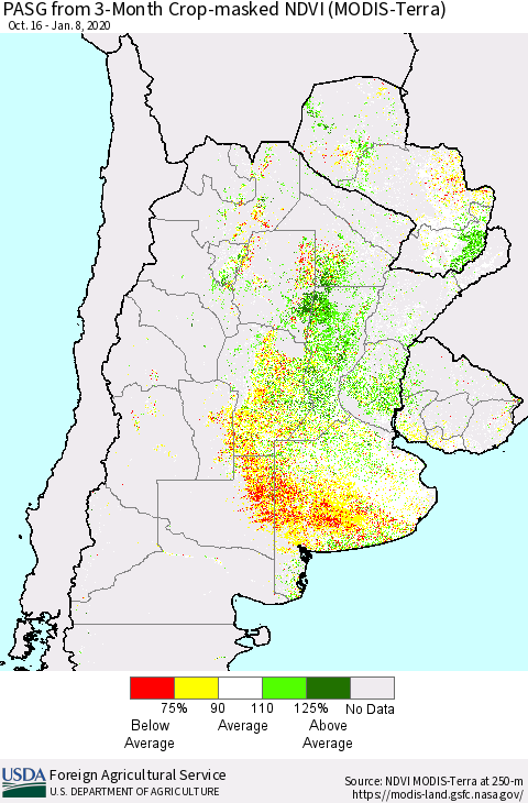 Southern South America PASG from 3-Month Cropland NDVI (Terra-MODIS) Thematic Map For 1/1/2020 - 1/10/2020
