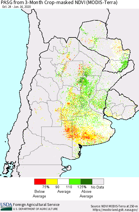 Southern South America PASG from 3-Month Cropland NDVI (Terra-MODIS) Thematic Map For 1/11/2020 - 1/20/2020