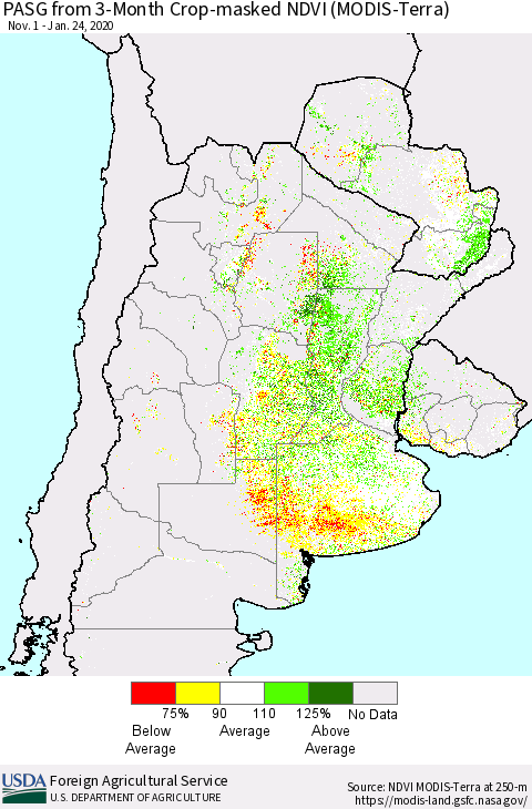 Southern South America PASG from 3-Month Cropland NDVI (Terra-MODIS) Thematic Map For 1/21/2020 - 1/31/2020