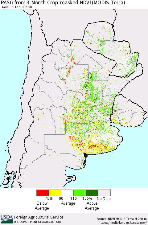 Southern South America PASG from 3-Month Cropland NDVI (Terra-MODIS) Thematic Map For 2/1/2020 - 2/10/2020