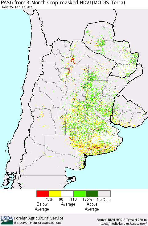 Southern South America PASG from 3-Month Cropland NDVI (Terra-MODIS) Thematic Map For 2/11/2020 - 2/20/2020