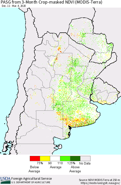 Southern South America PASG from 3-Month Cropland NDVI (Terra-MODIS) Thematic Map For 3/1/2020 - 3/10/2020