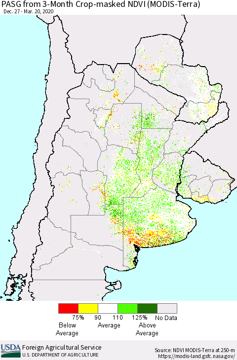 Southern South America PASG from 3-Month Cropland NDVI (Terra-MODIS) Thematic Map For 3/11/2020 - 3/20/2020