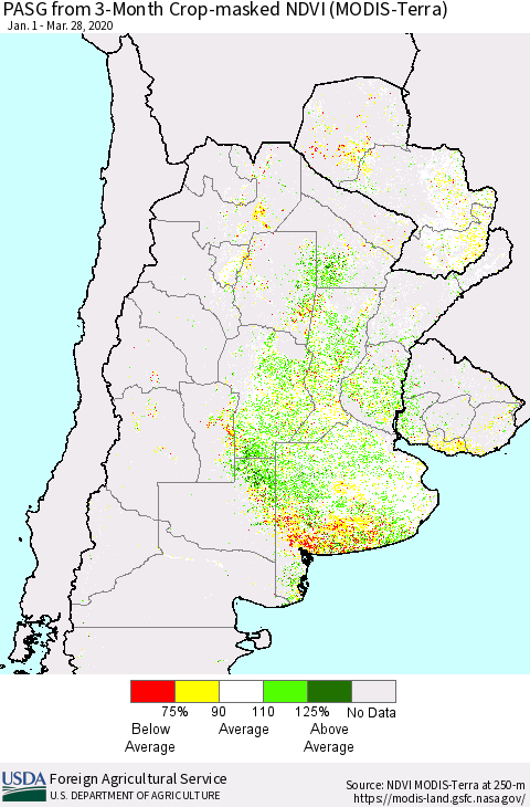 Southern South America PASG from 3-Month Cropland NDVI (Terra-MODIS) Thematic Map For 3/21/2020 - 3/31/2020