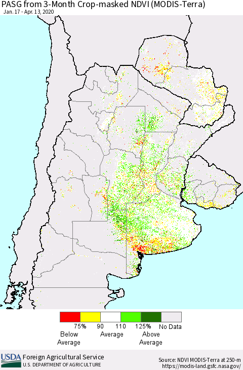 Southern South America PASG from 3-Month Cropland NDVI (Terra-MODIS) Thematic Map For 4/11/2020 - 4/20/2020