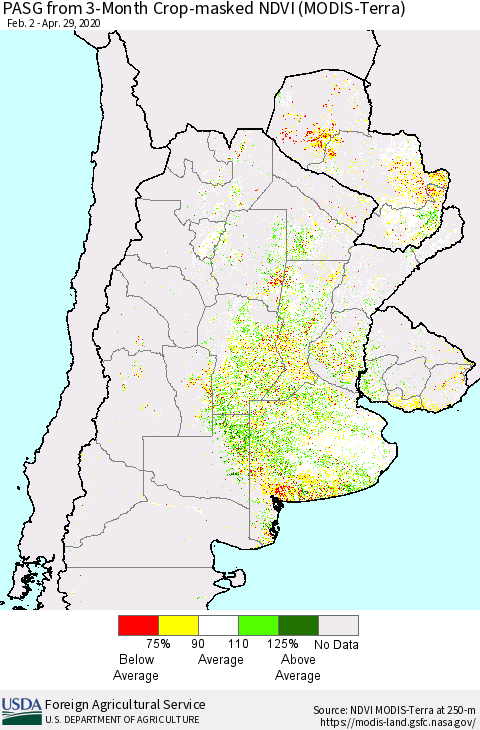 Southern South America PASG from 3-Month Cropland NDVI (Terra-MODIS) Thematic Map For 4/21/2020 - 4/30/2020