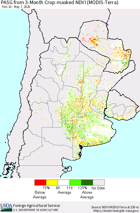 Southern South America PASG from 3-Month Cropland NDVI (Terra-MODIS) Thematic Map For 5/1/2020 - 5/10/2020