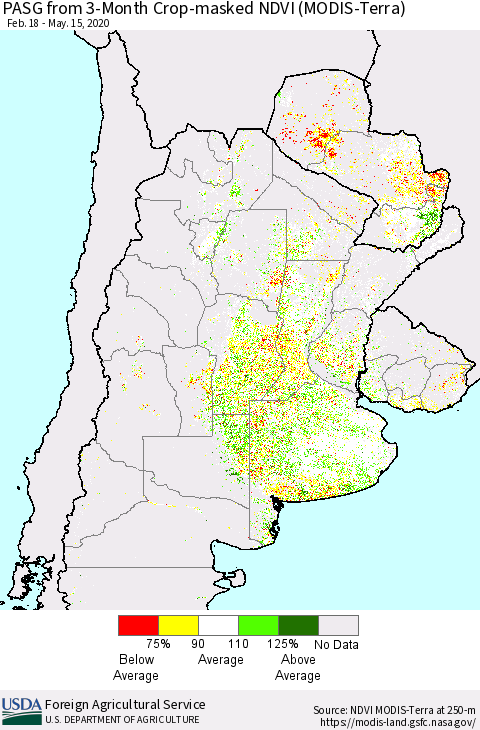 Southern South America PASG from 3-Month Cropland NDVI (Terra-MODIS) Thematic Map For 5/11/2020 - 5/20/2020