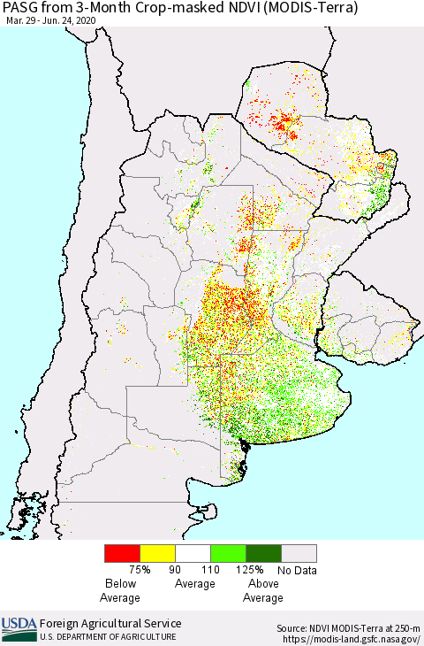 Southern South America PASG from 3-Month Cropland NDVI (Terra-MODIS) Thematic Map For 6/21/2020 - 6/30/2020