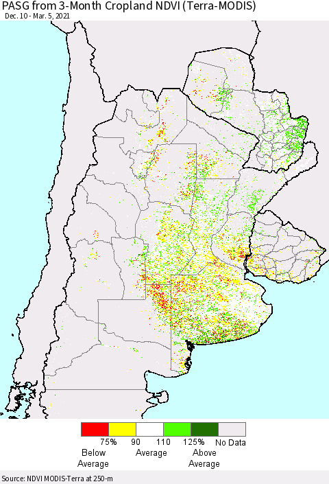 Southern South America PASG from 3-Month Cropland NDVI (Terra-MODIS) Thematic Map For 2/26/2021 - 3/5/2021