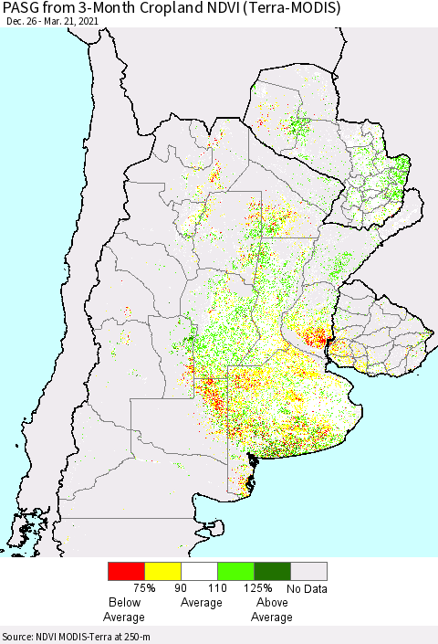Southern South America PASG from 3-Month Cropland NDVI (Terra-MODIS) Thematic Map For 3/14/2021 - 3/21/2021