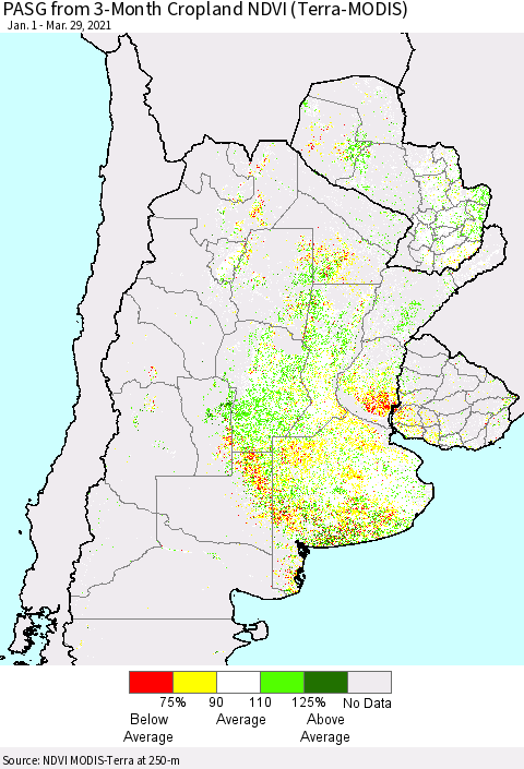 Southern South America PASG from 3-Month Cropland NDVI (Terra-MODIS) Thematic Map For 3/22/2021 - 3/29/2021