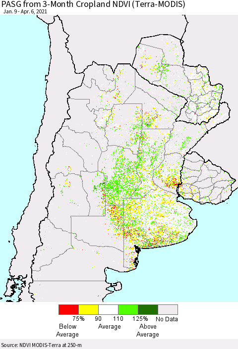 Southern South America PASG from 3-Month Cropland NDVI (Terra-MODIS) Thematic Map For 3/30/2021 - 4/6/2021