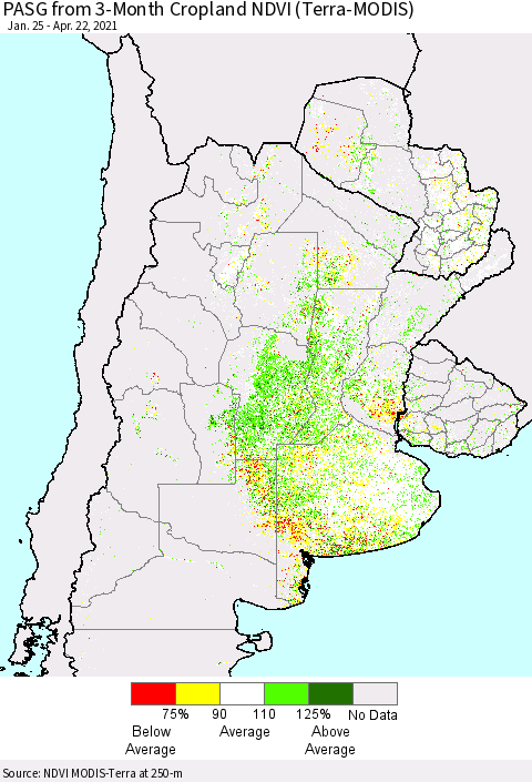 Southern South America PASG from 3-Month Cropland NDVI (Terra-MODIS) Thematic Map For 4/15/2021 - 4/22/2021