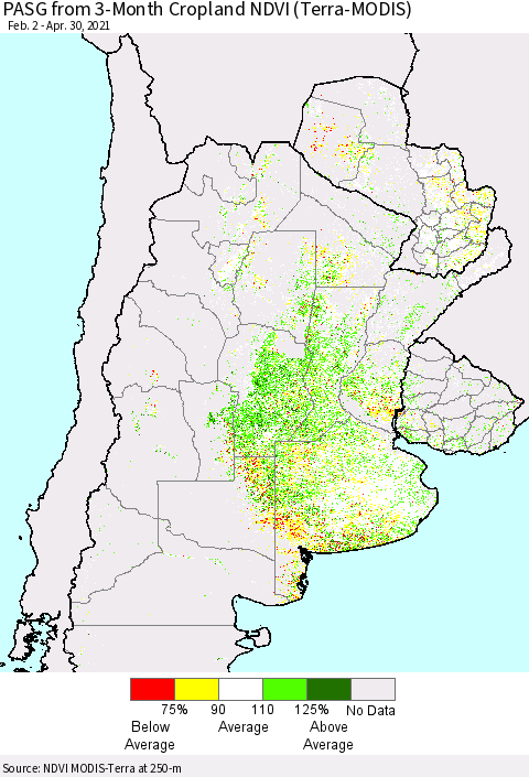 Southern South America PASG from 3-Month Cropland NDVI (Terra-MODIS) Thematic Map For 4/23/2021 - 4/30/2021