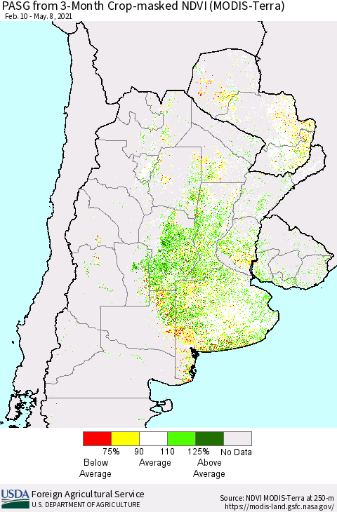 Southern South America PASG from 3-Month Cropland NDVI (Terra-MODIS) Thematic Map For 5/1/2021 - 5/10/2021