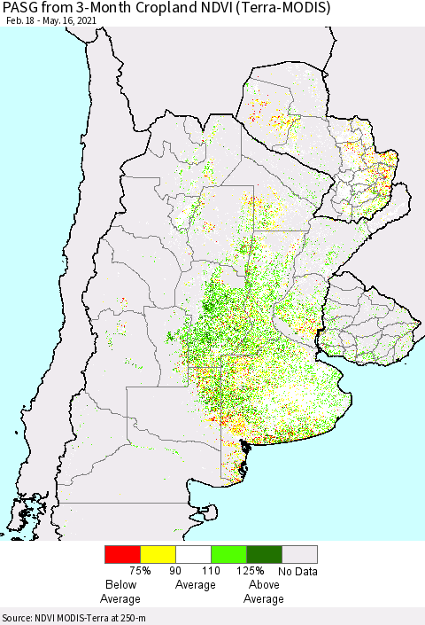 Southern South America PASG from 3-Month Cropland NDVI (Terra-MODIS) Thematic Map For 5/9/2021 - 5/16/2021