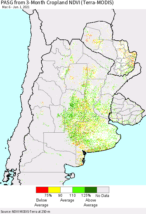 Southern South America PASG from 3-Month Cropland NDVI (Terra-MODIS) Thematic Map For 5/25/2021 - 6/1/2021