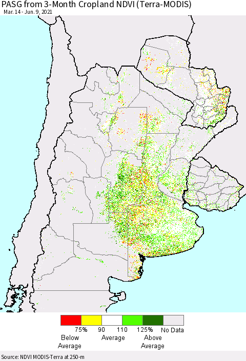 Southern South America PASG from 3-Month Cropland NDVI (Terra-MODIS) Thematic Map For 6/2/2021 - 6/9/2021