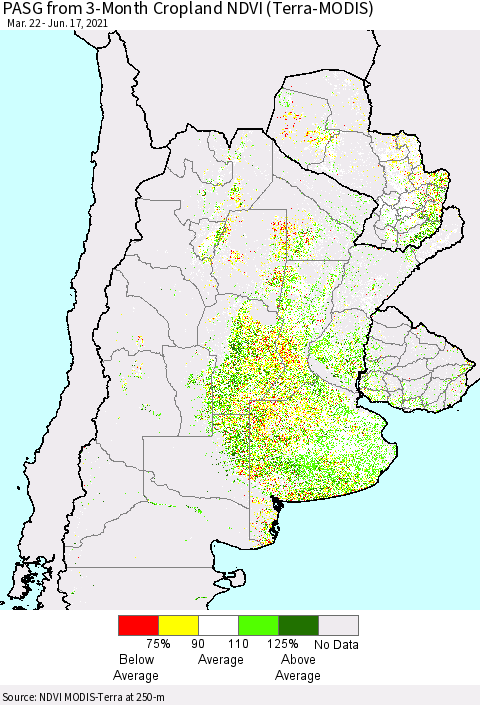 Southern South America PASG from 3-Month Cropland NDVI (Terra-MODIS) Thematic Map For 6/10/2021 - 6/17/2021