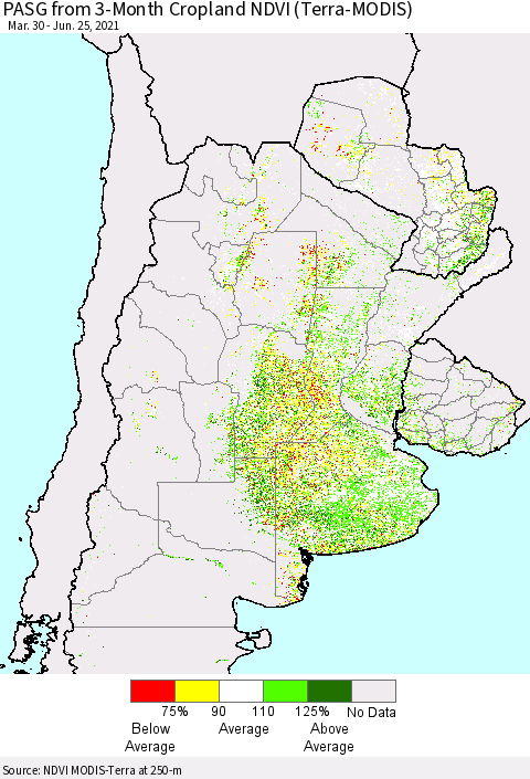 Southern South America PASG from 3-Month Cropland NDVI (Terra-MODIS) Thematic Map For 6/18/2021 - 6/25/2021