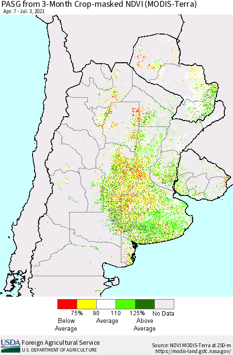 Southern South America PASG from 3-Month Cropland NDVI (Terra-MODIS) Thematic Map For 7/1/2021 - 7/10/2021