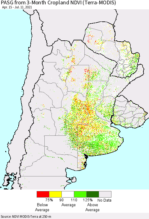 Southern South America PASG from 3-Month Cropland NDVI (Terra-MODIS) Thematic Map For 7/4/2021 - 7/11/2021