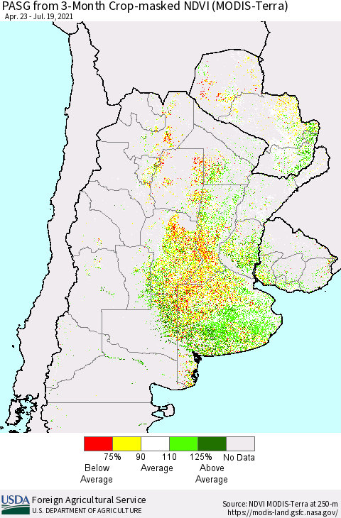 Southern South America PASG from 3-Month Cropland NDVI (Terra-MODIS) Thematic Map For 7/11/2021 - 7/20/2021