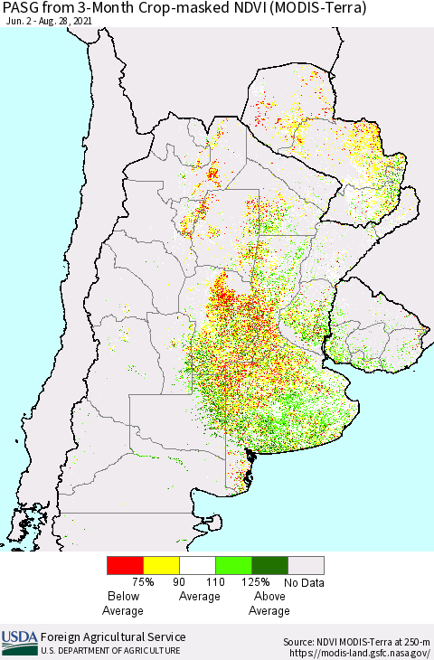 Southern South America PASG from 3-Month Cropland NDVI (Terra-MODIS) Thematic Map For 8/21/2021 - 8/31/2021