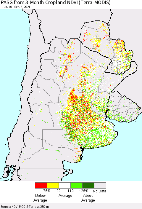 Southern South America PASG from 3-Month Cropland NDVI (Terra-MODIS) Thematic Map For 8/29/2021 - 9/5/2021