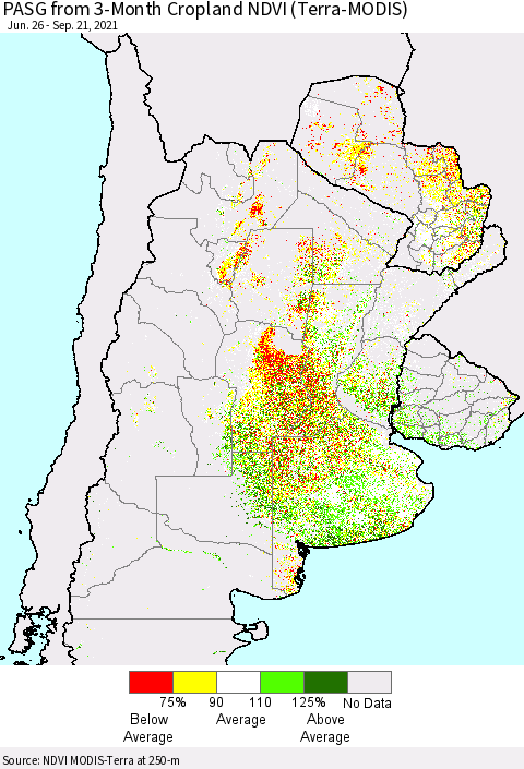 Southern South America PASG from 3-Month Cropland NDVI (Terra-MODIS) Thematic Map For 9/14/2021 - 9/21/2021