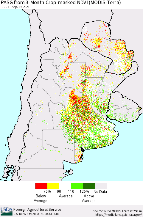 Southern South America PASG from 3-Month Cropland NDVI (Terra-MODIS) Thematic Map For 9/21/2021 - 9/30/2021