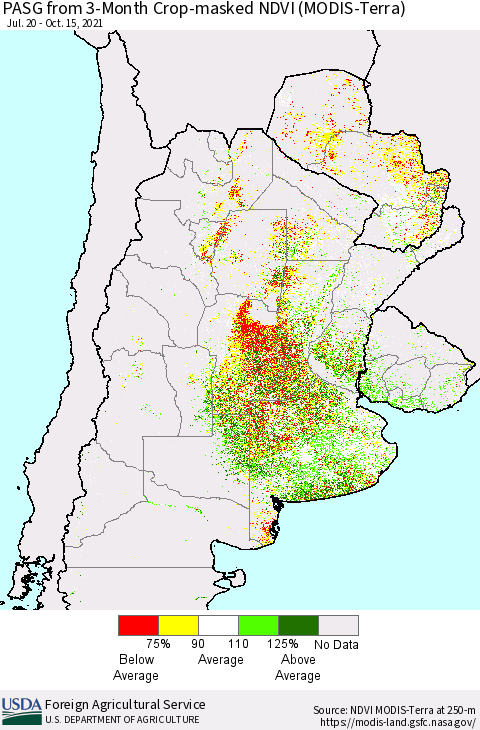 Southern South America PASG from 3-Month Cropland NDVI (Terra-MODIS) Thematic Map For 10/11/2021 - 10/20/2021