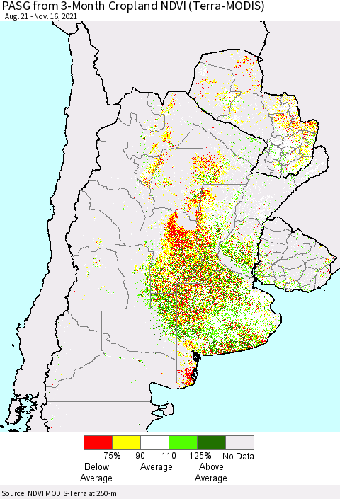 Southern South America PASG from 3-Month Cropland NDVI (Terra-MODIS) Thematic Map For 11/9/2021 - 11/16/2021