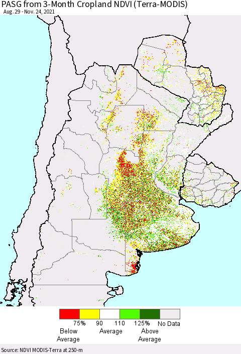 Southern South America PASG from 3-Month Cropland NDVI (Terra-MODIS) Thematic Map For 11/17/2021 - 11/24/2021