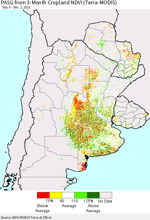 Southern South America PASG from 3-Month Cropland NDVI (Terra-MODIS) Thematic Map For 11/25/2021 - 12/2/2021