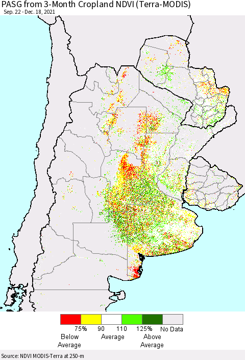 Southern South America PASG from 3-Month Cropland NDVI (Terra-MODIS) Thematic Map For 12/11/2021 - 12/18/2021