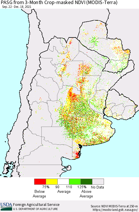 Southern South America PASG from 3-Month Cropland NDVI (Terra-MODIS) Thematic Map For 12/11/2021 - 12/20/2021