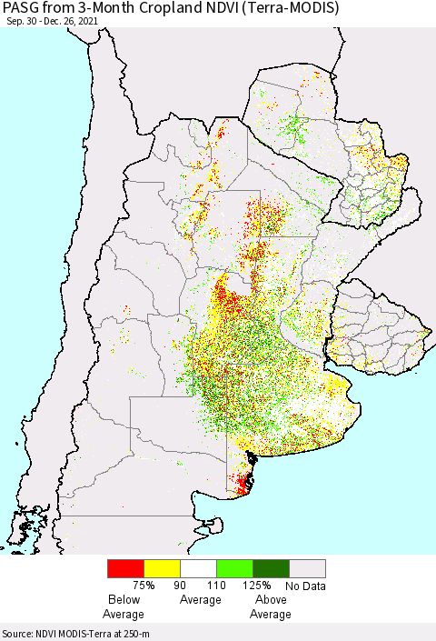Southern South America PASG from 3-Month Cropland NDVI (Terra-MODIS) Thematic Map For 12/19/2021 - 12/26/2021